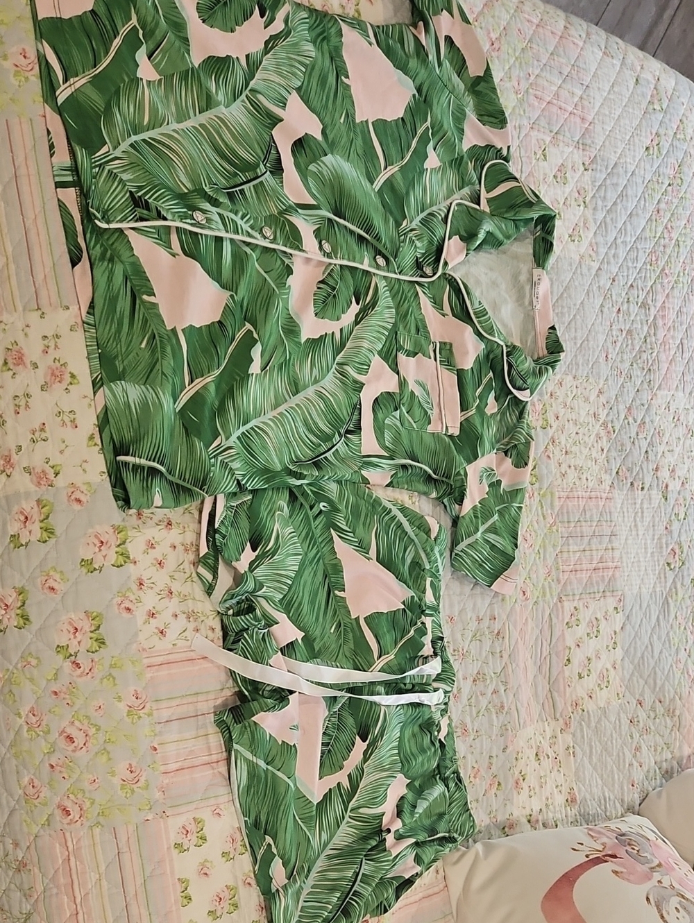 Women's Green Palm Print Pajama Set - Pink Accents